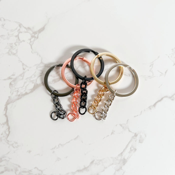 Premium 30mm Flat Key Chain Rings with Attached Chain - Perfect for Crafts - 5 Colors. Rose Gold, Gold, Silver, Black and Gunmetal.