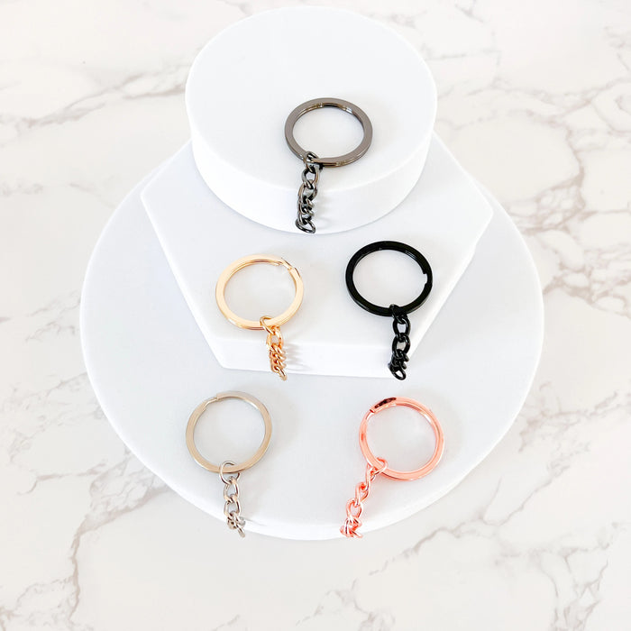 Premium 30mm Flat Key Chain Rings with Attached Chain - Perfect for Crafts - 5 Colors. Rose Gold, Gold, Silver, Black and Gunmetal.