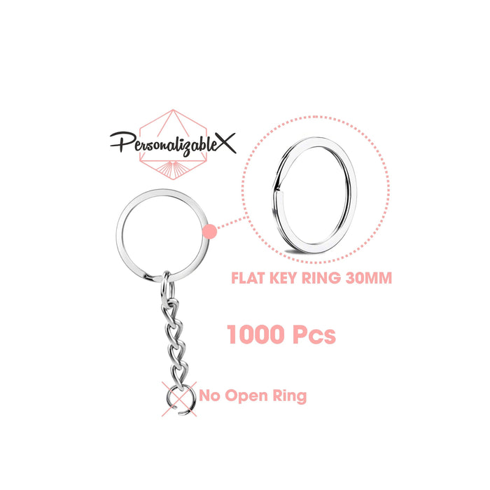 1,000 pcs 30mm Flat Key Chain Rings with Attached Chain - Perfect for Crafts - Silver